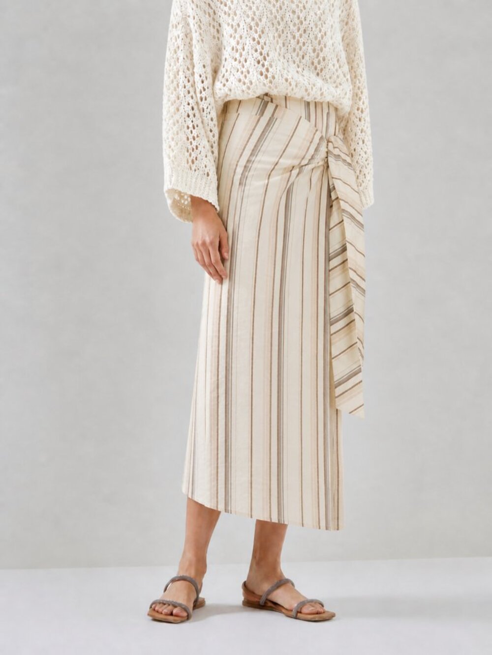 Brunello Cucinelli Sarong Skirt Cotton Beige Stripe Size 8 NewTag $1,995